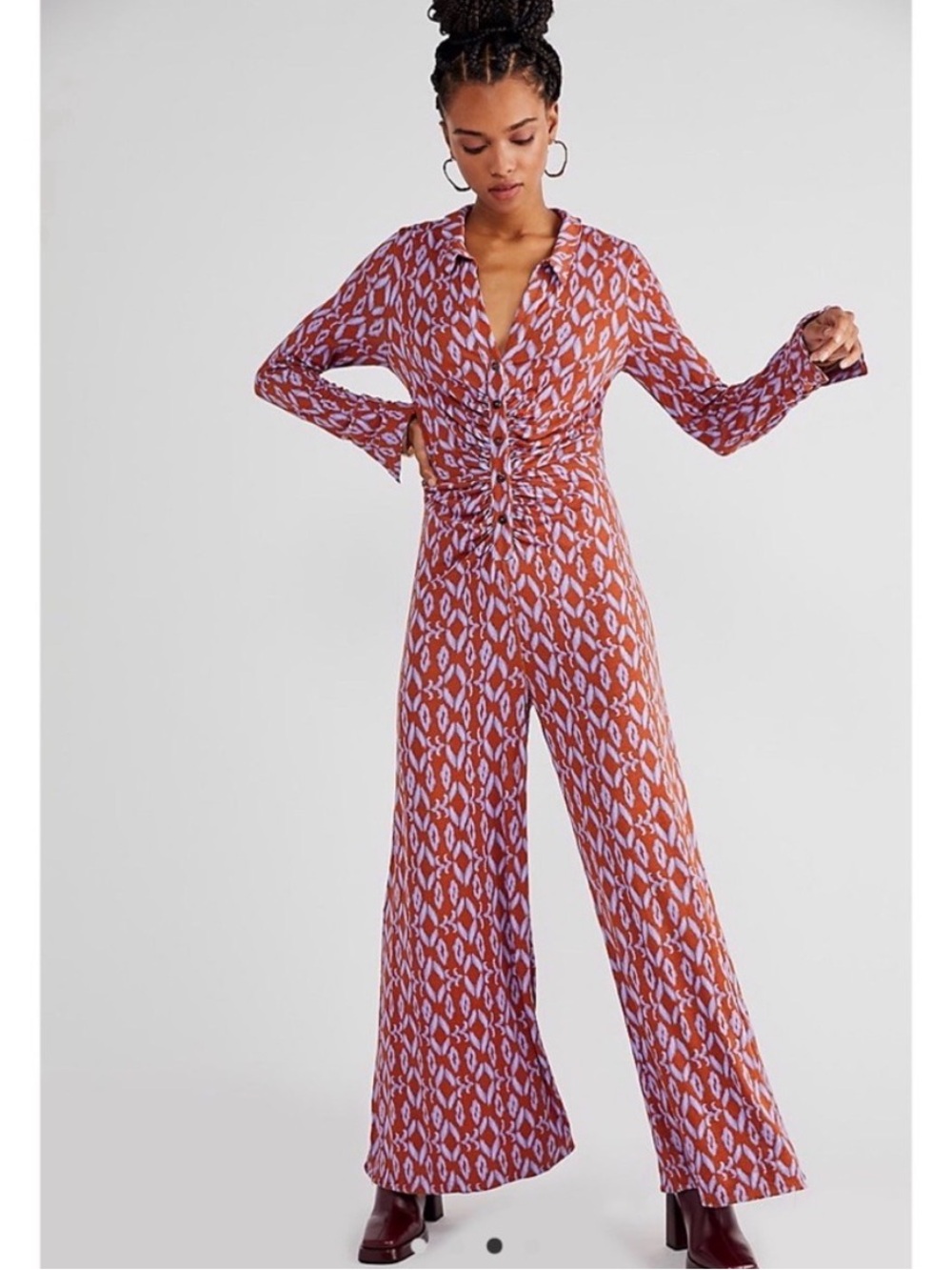 Free People Shayla Purple Orange Retro Jumpsuit Wide Leg Size Medium